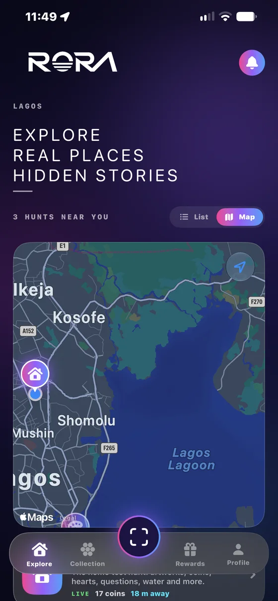 RORA explore screen with a map of hunts