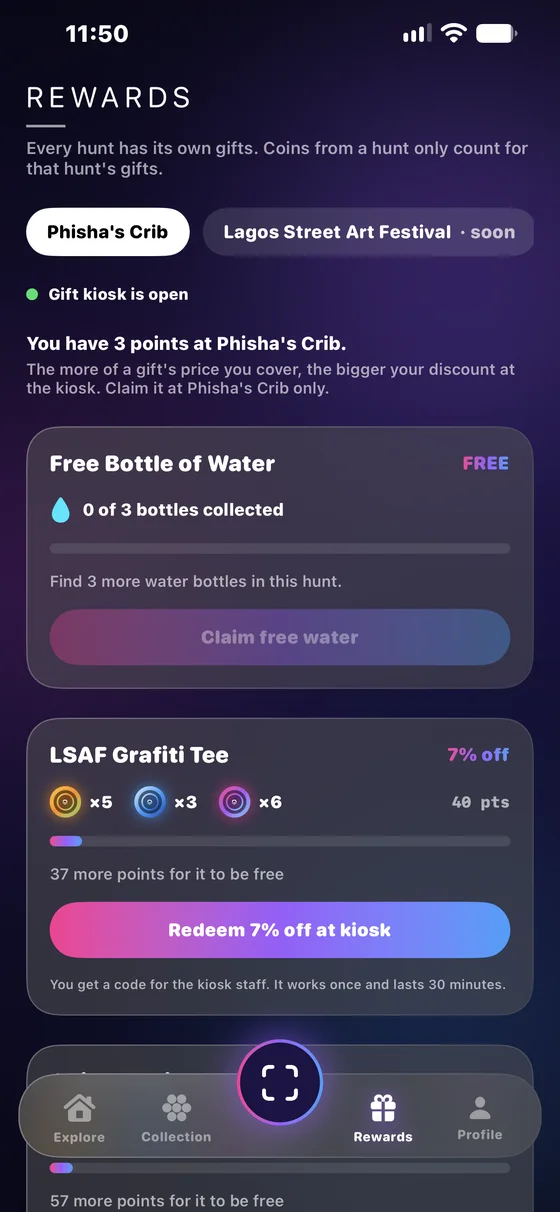 RORA rewards screen with gifts and points