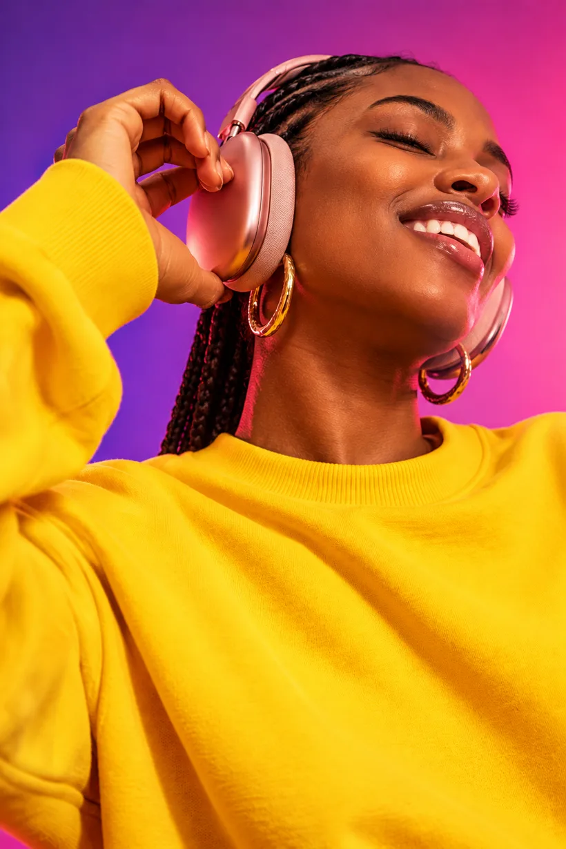 A woman in a yellow sweater with pink headphones, smiling and dancing
